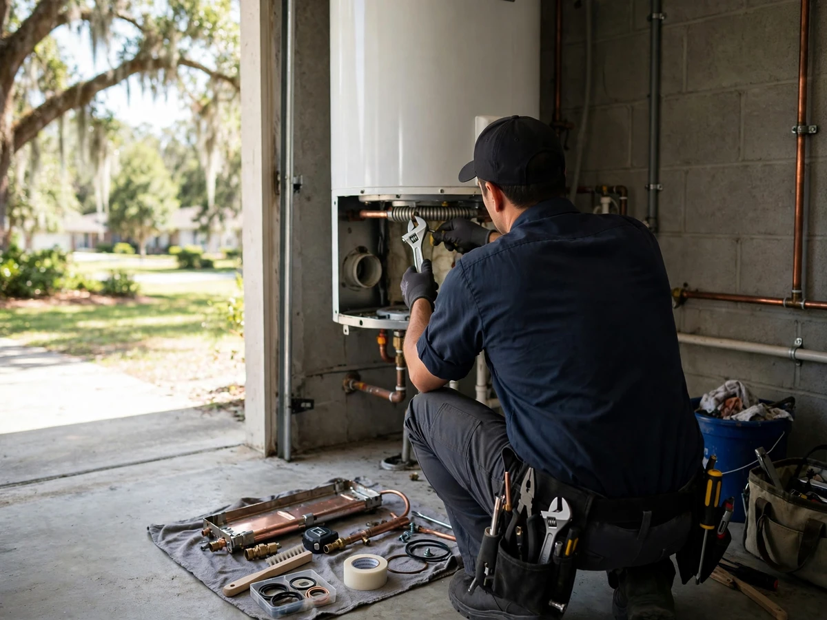 Plumber repairing a water heater in Woodstock, GA
